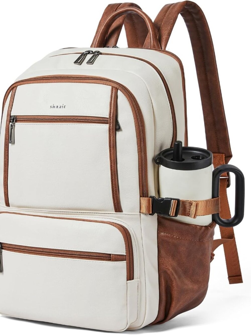 17 Inch Laptop Backpack Purse for Women with Giant Tumbler Holders | Vegan Leath